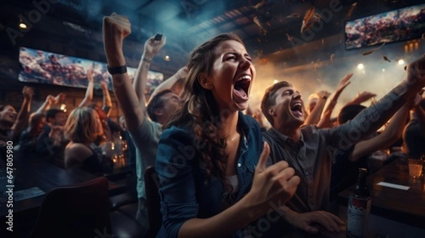 Obraz Sports fans watch a sporting event in a bar on a big screen. The exciting moment of the match is shown, the fans expressively root for their favorite team.