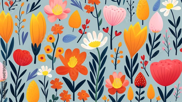 Fototapeta nature textured colourful flowers seamless patter, vivid color background, flat minimalist vector illustrations 