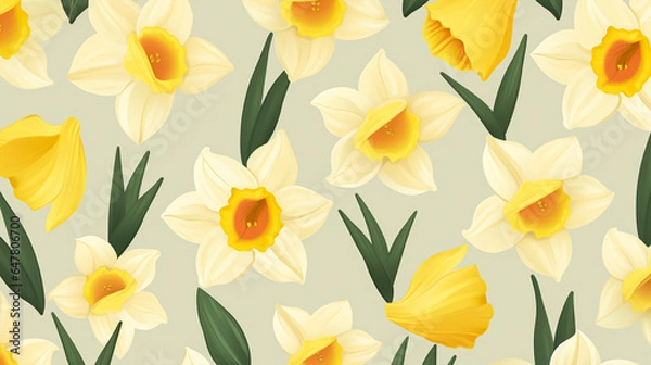 Fototapeta nature textured daffodil flowers seamless patter, vivid color background, flat minimalist vector illustrations