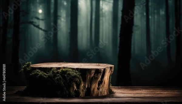 Obraz Old Wooden Stump Round Table Top Podium Stand Platform Eerie Creepy Misty Dark Forest Woods Scenery Dim Light View Halloween Background Backdrop Mockup Banner Product  Showcase Display Business