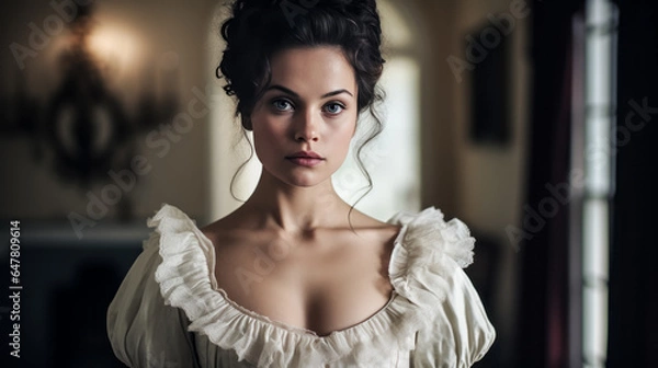 Fototapeta A woman wears a gown inspired by the Regency era, radiating elegance and grace.