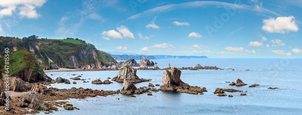 Fototapeta Atlantic Ocean coastline landscape, view from Silencio beach in Cudillero, Asturias, Spain. Five shots stitch high-resolution  image.