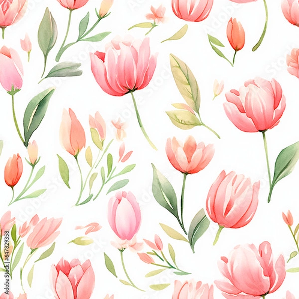 Fototapeta Tulip blossoms, Seamless watercolor floral patterns, with flowers and foliage. Japanese abstract style. Use for wallpapers, backgrounds, packaging design, or web design.