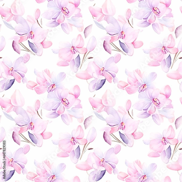 Fototapeta Pink orchid, Seamless watercolor floral patterns, with flowers and foliage. Japanese abstract style. Use for wallpapers, backgrounds, packaging design, or web design.
