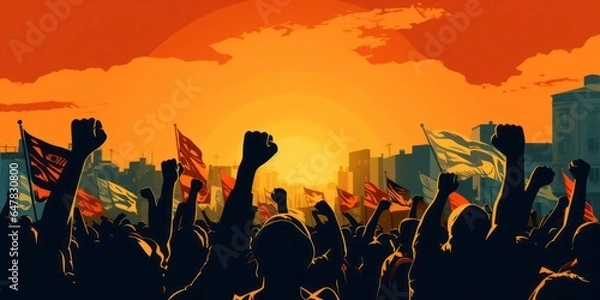 Obraz Illustration of a protest, crowd of people with fists raised, in tones of dark red and orange.