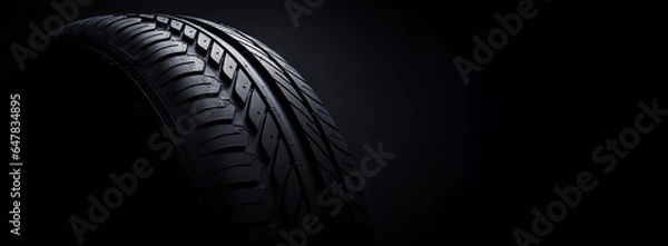 Fototapeta New car tire. Road wheel on dark background. Summer Tire with asymmetric tread design. Driving car concept. Copy space. Generative AI