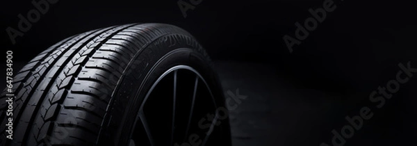 Fototapeta New car tire. Road wheel on dark background. Summer Tire with asymmetric tread design. Driving car concept. Copy space. Generative AI