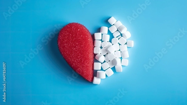 Fototapeta A heart making of half a red heart and sugar cubes on a blue background. Banner with copy space. World diabetes day, November 14