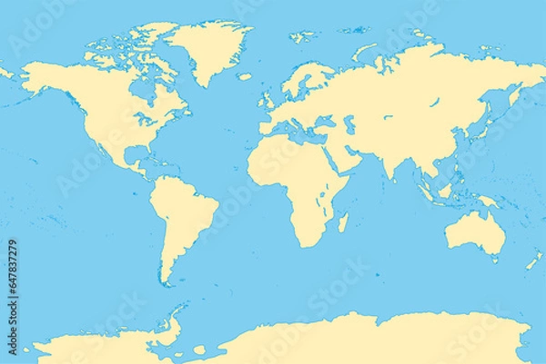 Fototapeta The world, general reference map. Map of the surface of the Earth with the landmasses of all continents, with largest lakes, oceans and seas, in a Miller cylindrical projection. Illustration. Vector.