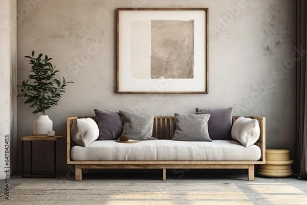 Obraz Grey sofa near beige stucco wall and big poster frame on it. Boho, rustic interior design of modern living room.
