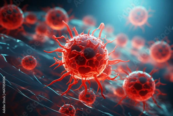 Fototapeta Cancer cell. Oncology research structure mutation, somatic cell of the body. genetic predisposition. Neoplasms, cancerous disease, malignant tumour. Danger fear the unknown.