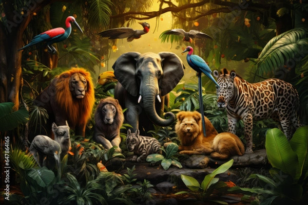 Fototapeta Mixed group of wild animals in the jungle