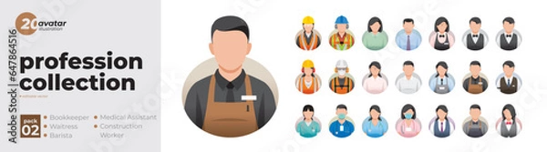 Fototapeta Profession collection profile avatar icons. Set of illustrations of people in various professions. Bookkeeper, waitress, barista, medical assistant, construction worker. Flat style vector design