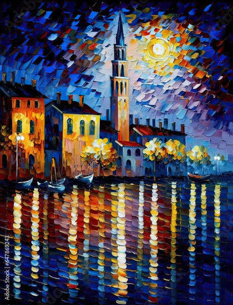 Fototapeta Modern Abstract Moonlight Night View Painting, Large Textured Wall Art, Living Room Wall Decor Artwork, Generative AI