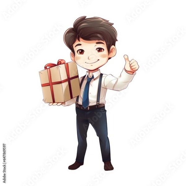 Obraz Man with gift (delivery package). Thumb up