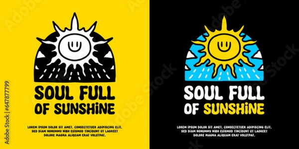 Fototapeta Sun in the sky with soul full of sunshine typography, illustration for logo, t-shirt, sticker, or apparel merchandise. With doodle, retro, groovy, and cartoon style.