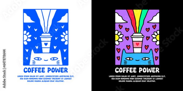 Fototapeta Funny cat and cup of coffee with coffee power typography, illustration for logo, t-shirt, sticker, or apparel merchandise. With doodle, retro, groovy, and cartoon style.