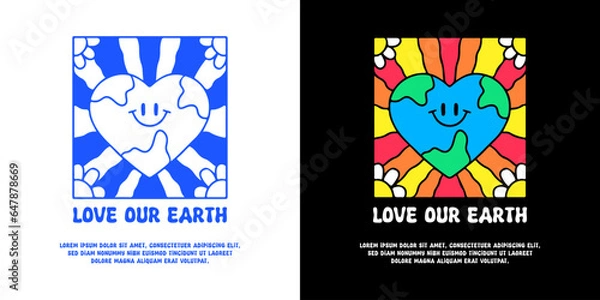 Obraz Cute earth planet and groovy background with love our earth typography, illustration for logo, t-shirt, sticker, or apparel merchandise. With doodle, retro, groovy, and cartoon style.