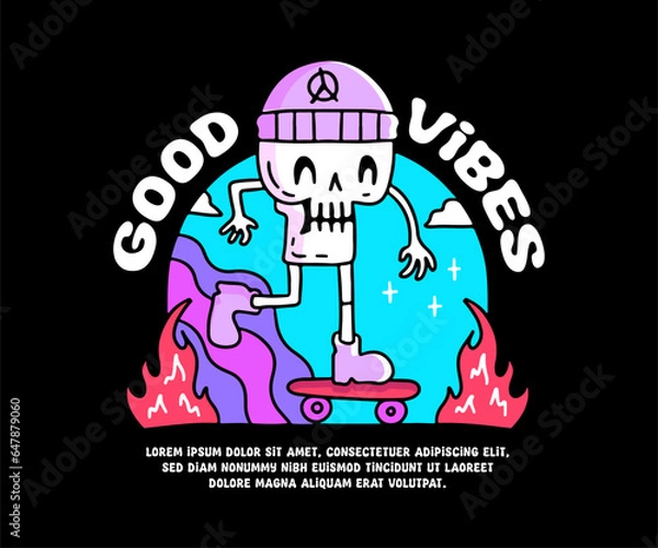Fototapeta Hype skull playing skateboard with good vibes text, illustration for logo, t-shirt, sticker, or apparel merchandise. With doodle, retro, groovy, and cartoon style.