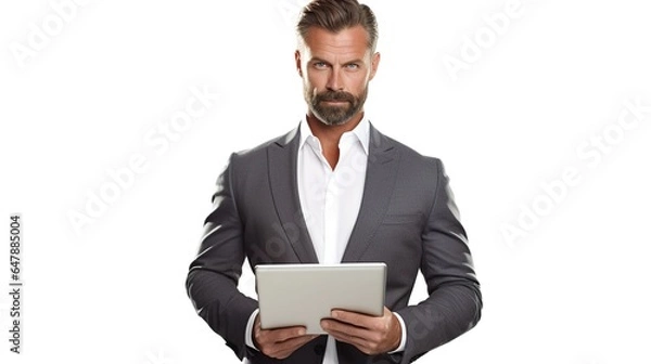 Obraz businessman with tablet computer on white background. generative ai