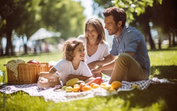 Fototapeta Family having a picnic in a sunny park smiling and enjoying their meal. Generative AI