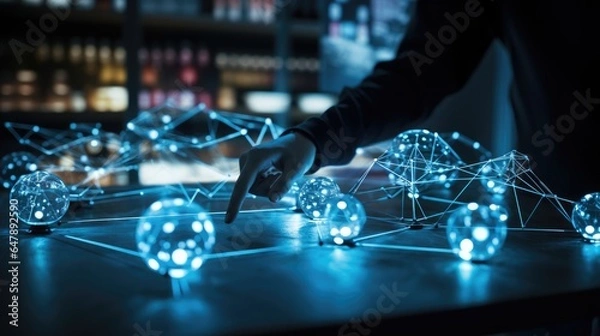 Fototapeta Global connectivity, exploring the futuristic cyberspace network, the smart city grid and 5g or 6g evolution, a worldwide web of intelligence, IoT, cloud computing, Generative AI.