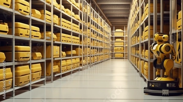 Fototapeta Futuristic logistics hub, advanced warehousing & intelligent distribution system, efficiency warehouse automation, shipment & smart inventory management, robotics & secure dispatch, Generative AI.