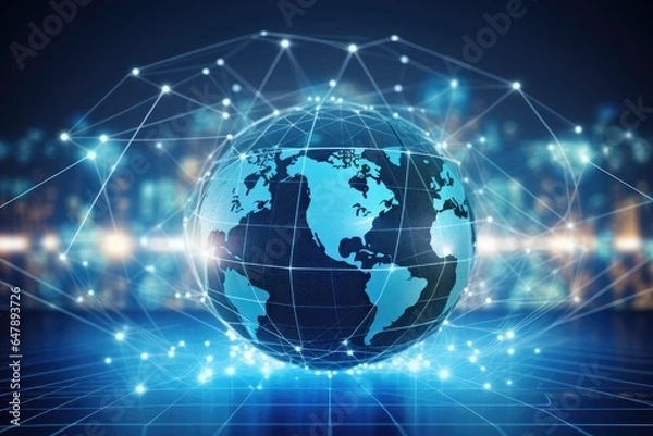 Fototapeta Global connectivity, exploring the futuristic cyberspace network, the smart city grid and 5g or 6g evolution, a worldwide web of intelligence, IoT, cloud computing, Generative AI.