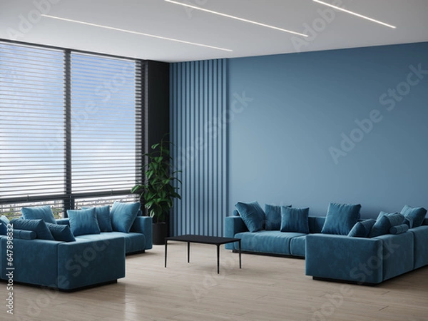 Obraz Living room in deep dark colors accent. Trendy blue interior in a minimalist modern style with navy furniture. Empty painted wall for art. Mockup design home lounge or hall office reception. 3d render