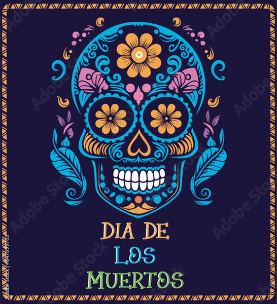 Obraz Day of the dead, Dia de los moertos, banner with colorful Mexican sugar skull. Fiesta, holiday poster, party flyer, greeting card
