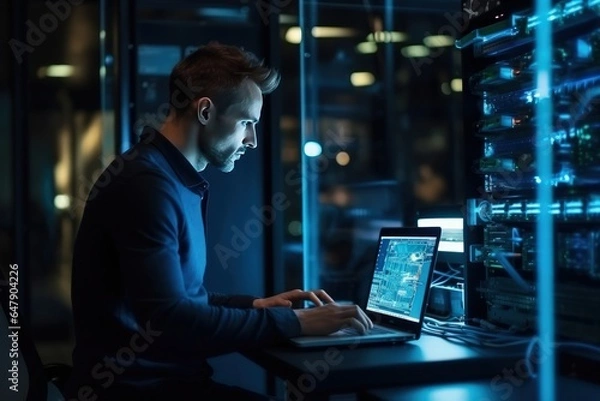 Fototapeta A young Caucasian man with a tablet computer stands in the middle of a server room. Collection and storage of large amounts of data. Checks the operation of servers and automation.