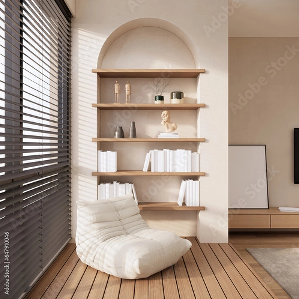 Fototapeta cosy room with chair and bookshelf, modern minimal living room interor design 3D rendering