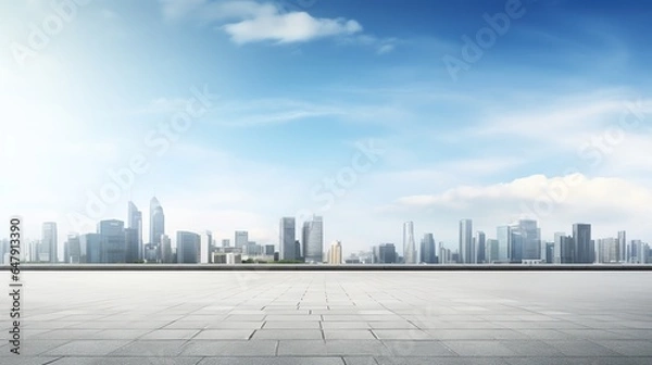Fototapeta Concrete road with city skyline on background