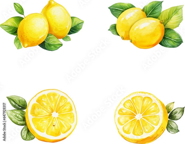 Obraz Lemons vector watercolor illustration set, Lemons 3D realistic icon