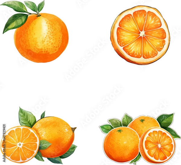 Obraz Orange vector watercolor illustration set, Orange 3D realistic icon