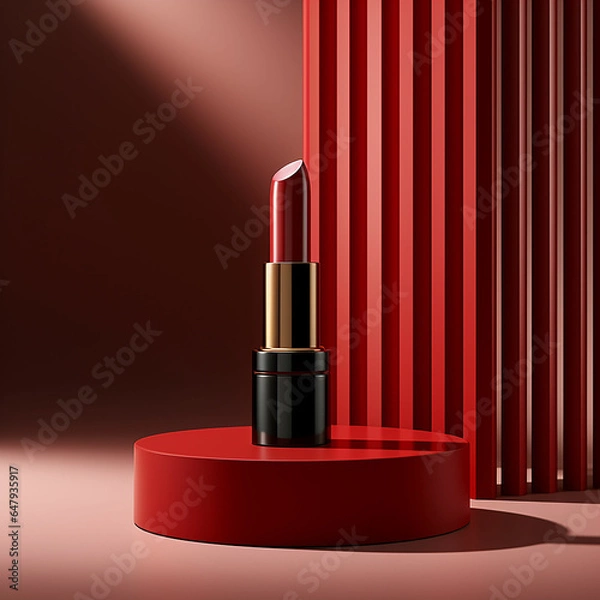 Fototapeta Red lipstick tube on podium with shadow Nourishes and protects lips Empty area for content. Made with genreative ai