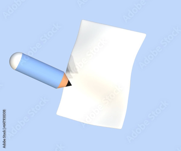 Fototapeta 3d render paperwork and blue pencil, 3d render signing contract paper, working on paper sheet, signing loan contract, doing homework with pencil and paper, 3d rendering of pencil and white paper.