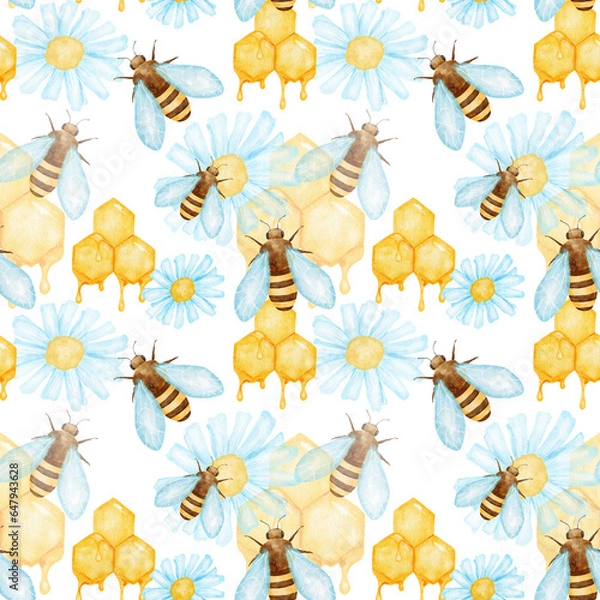 Fototapeta Seamless pattern with bee, honey and flowers. Watercolor yellow and blue background with insects