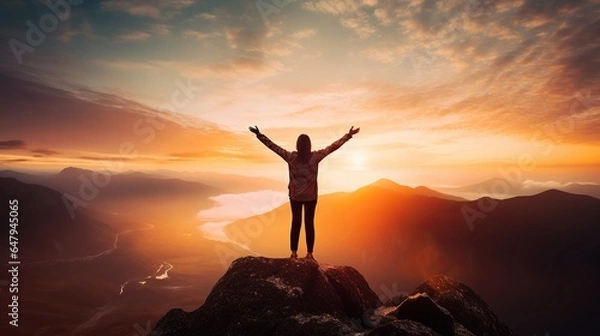 Fototapeta Woman standing on top of mountains over beautiful scenic view, New year resolutions 2026 celebration, achievement plan concept