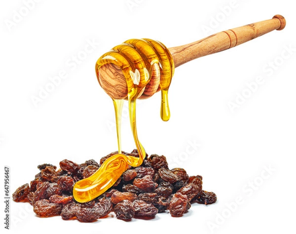 Obraz dripping honey on raisins isolated on white background