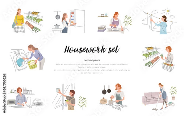 Fototapeta ベクターイラスト素材：家事をする女性、人物セット
