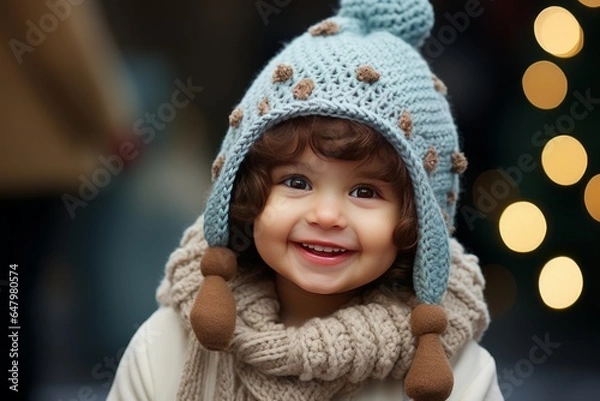 Fototapeta Smiling baby wearing a knitted elf costume with a jingle bell hat, Generative AI