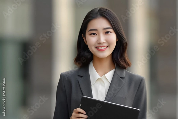 Obraz a vibrant young Asian woman is depicted, radiating positivity as she holds a digital tablet in her hands. Her smile is warm and inviting, reflecting her enthusiasm and confidence. Generative AI.