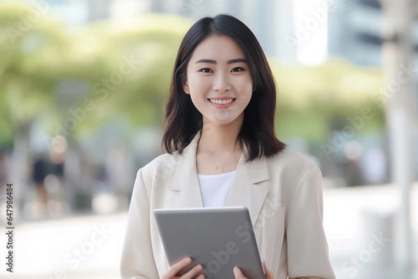 Fototapeta a vibrant young Asian woman is depicted, radiating positivity as she holds a digital tablet in her hands. Her smile is warm and inviting, reflecting her enthusiasm and confidence. Generative AI.