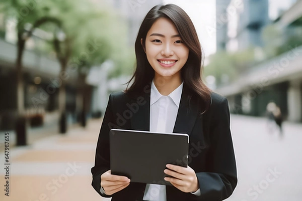 Obraz a vibrant young Asian woman is depicted, radiating positivity as she holds a digital tablet in her hands. Her smile is warm and inviting, reflecting her enthusiasm and confidence. Generative AI.