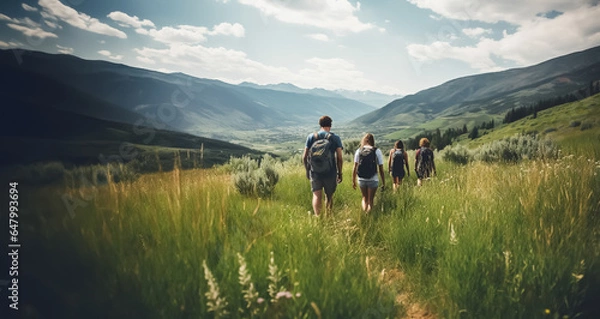 Obraz Friends or family hiking in nature or mountain landscape with meadow - theme vacation in the mountains - Generative AI