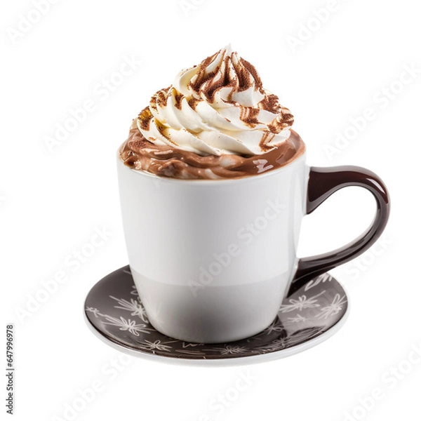 Fototapeta Mockup of a mug with hot chocolate and whipped cream, space for text, Christmas design. Generative AI.