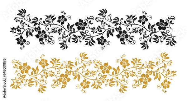 Fototapeta Seamless black and golden floral ornament border vector.