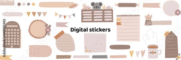 Fototapeta Blank hand-drawn digital stickers. Digital note papers and stickers for bullet journaling or planning. Digital planner stickers. Vector art.