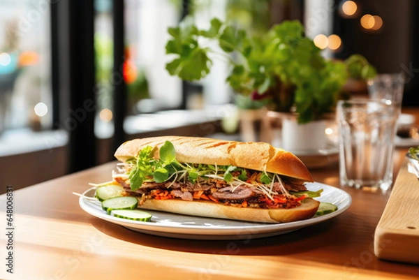Obraz Banh Mi On Plate In Scandinavianstyle Cafe